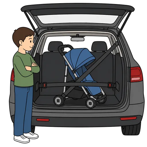 AAC-Piktogramm: Kinderwagen mit Sicherheitsgurten im Auto sichern