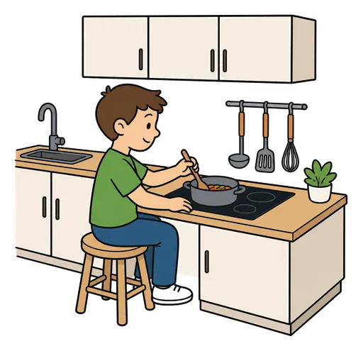 AAC-Piktogramm: abgesenkter Küchentisch zum Kochen im Sitzen