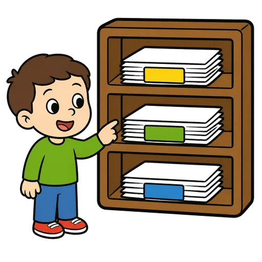 Pittogramma CAA: scaffale con compiti dei bambini etichettati