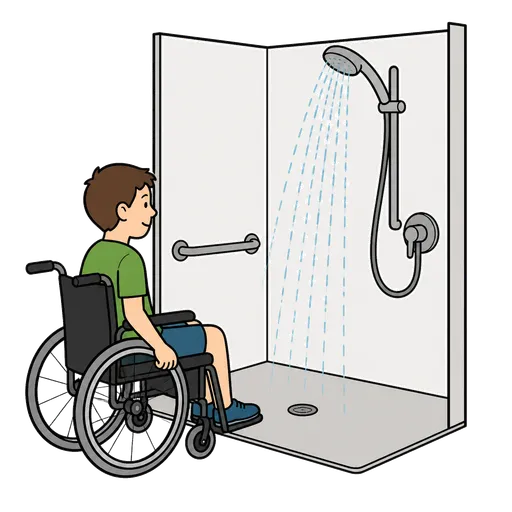 Pittogramma CAA: Doccia accessibile in sedia a rotelle (senza soglia)