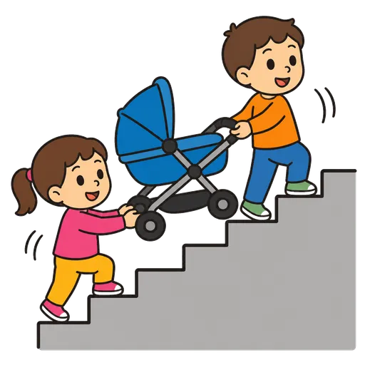 AAC-Piktogramm: Kinderwagen Treppe hinauftragen