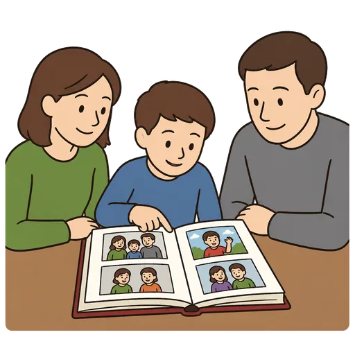 AAC-Piktogramm: Familie schaut sich Fotos an