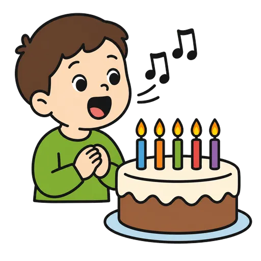 AAC-Piktogramm: Singen „Happy Birthday“ (Sto lat) an einem Geburtstagstorte mit Kerzen