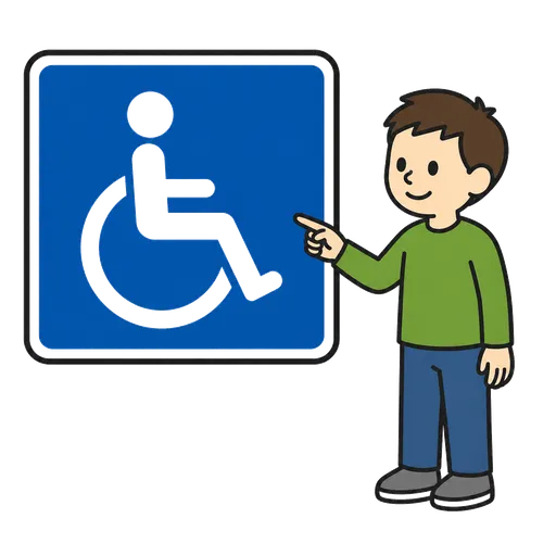 AAC-Piktogramm: blaues Schild mit einer Person im Rollstuhl